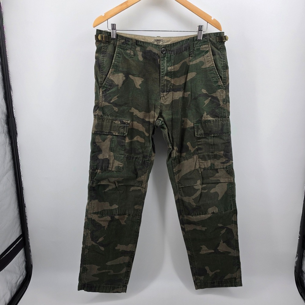 Carhartt WIP Mens Camo Ripstop Cargo Pants Green Distressed 33 x 30 Regular Fit